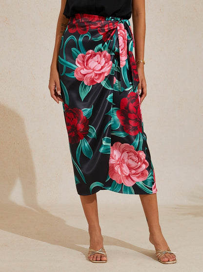 Emerald Rose Garden Silky Satin Wrap Skirt