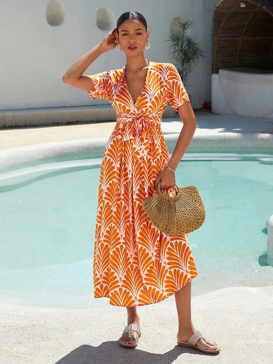 Orange Short Sleeves Geometric Pattern Maxi Dress