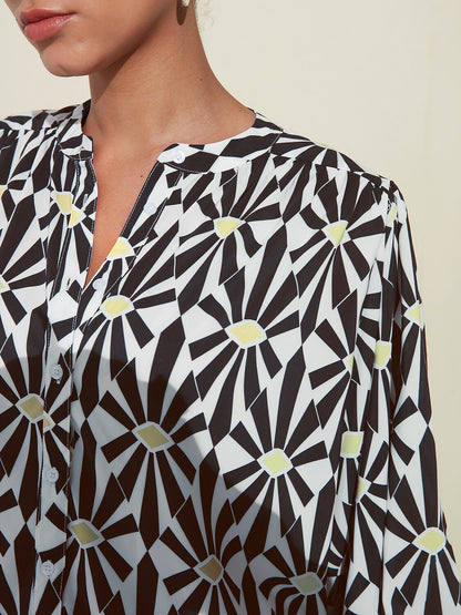 Moroccan Floral V-Neck Silky Satin Blouse