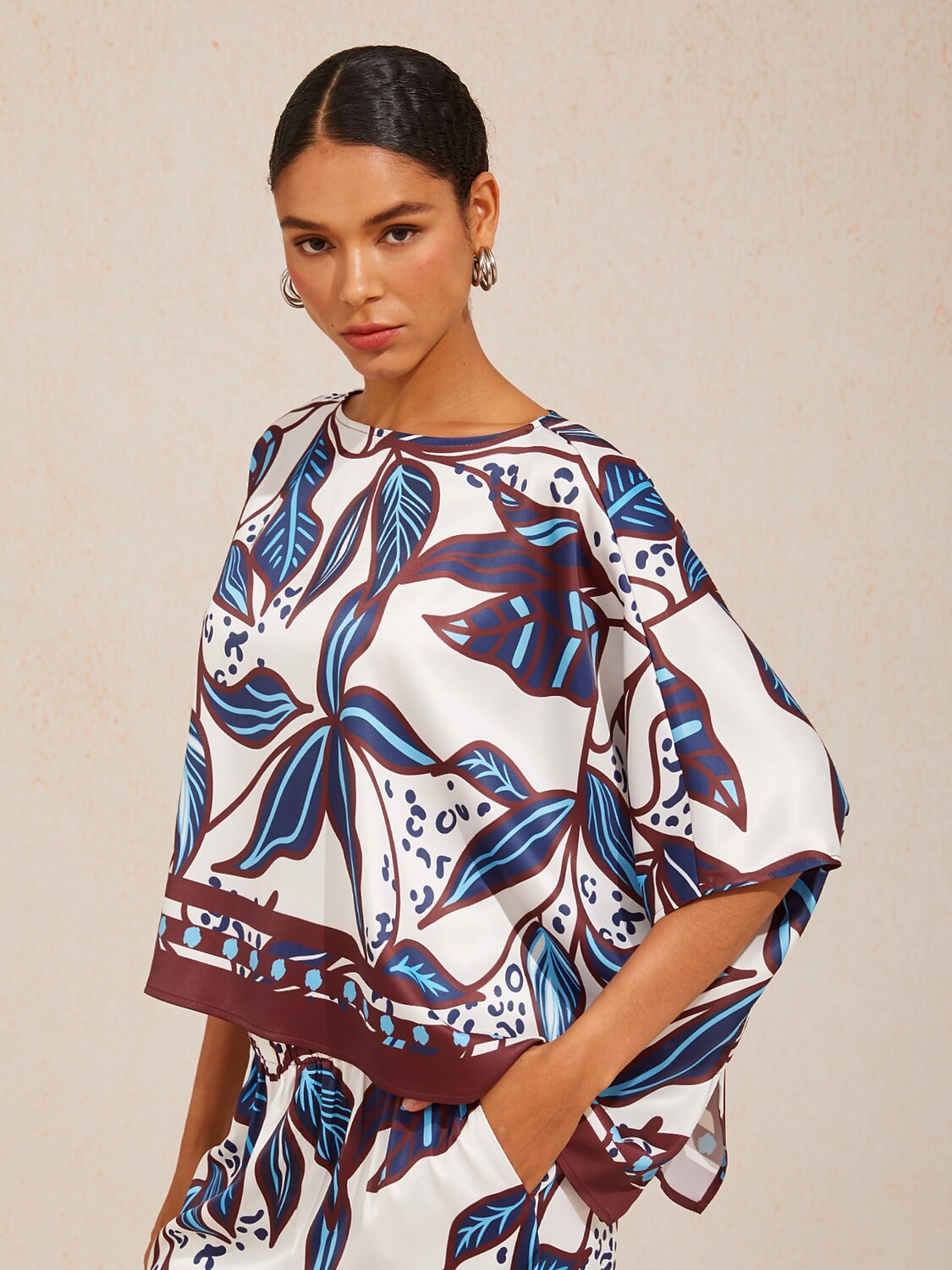 Abstract Azure  Satin Dolman Sleeve Top