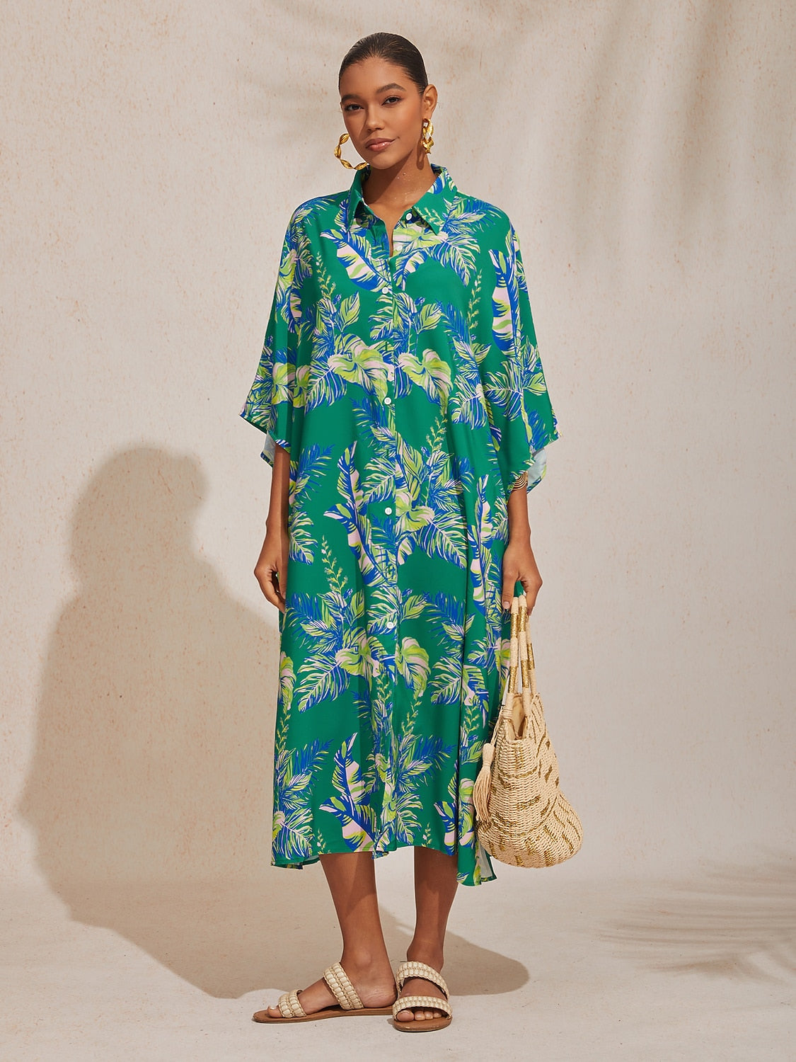 Leaf Print Shirt Short Sleeve Midi Chiffon Dress