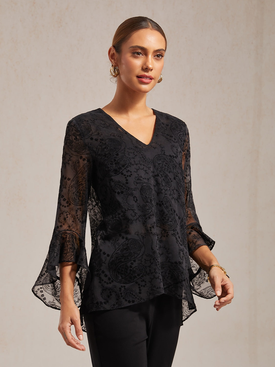 Flocked Chiffon V Neck Sheer Blouse Party Vacation