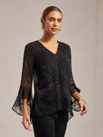 Flocked Chiffon V Neck Sheer Blouse Party Vacation