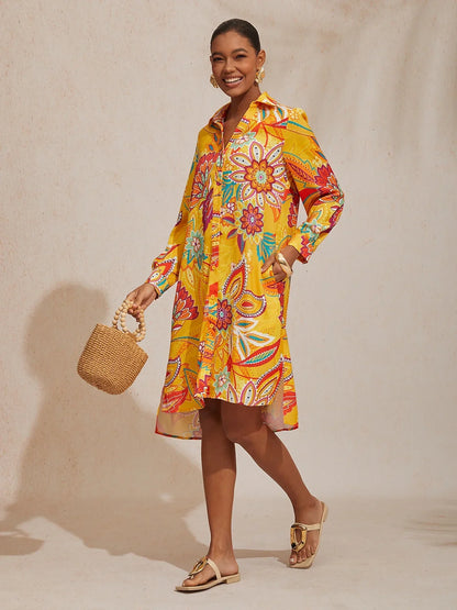 Boho Paisley Silky Satin Shirt Dress