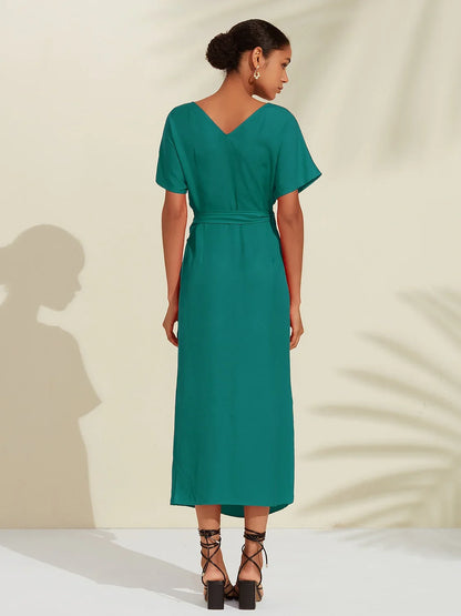 Tencel Linen Shirred Wrap Midi Dress