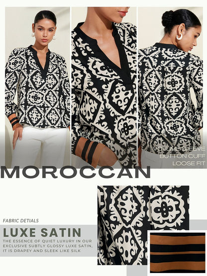 Satin Eden Moroccan Black and White Printed Blouse