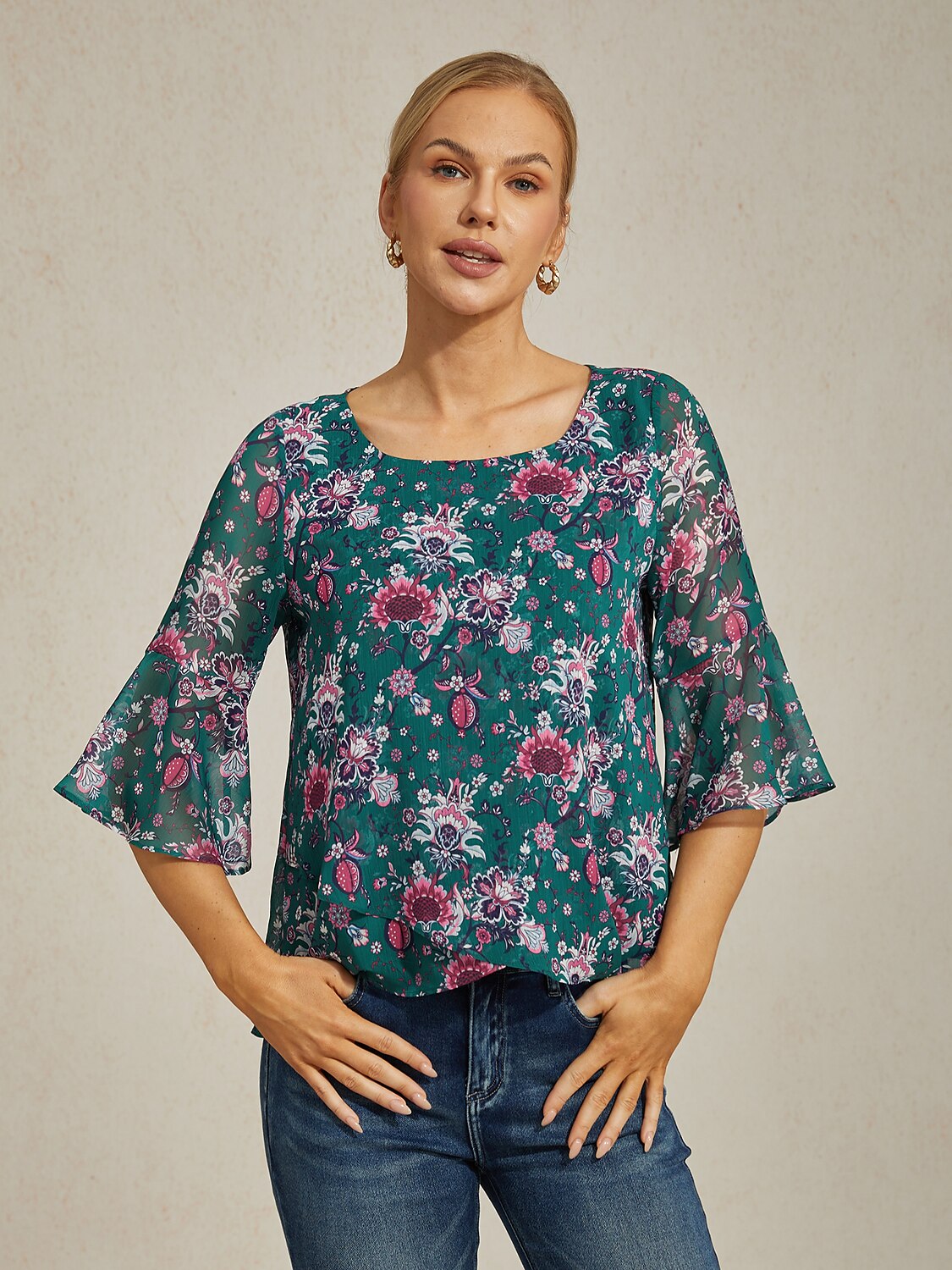 Floral Print Sheer Flowy Chiffon Blouse