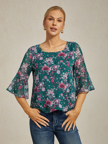 Floral Print Sheer Flowy Chiffon Blouse