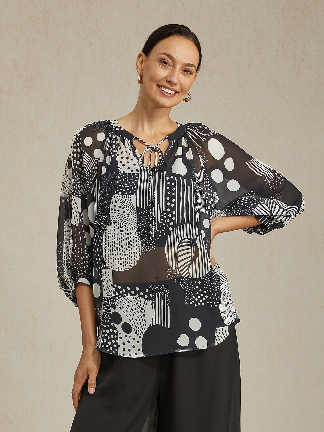 Abstract Print Puff Sleeve V-Neck Chiffon Blouse
