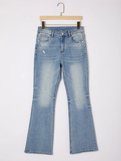 Cotton Stretch Flared Jeans High Waist Frayed Hem Denim Pants