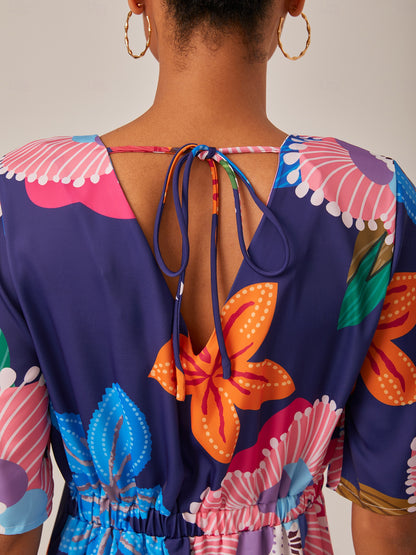Vacation Print Satin Short Sleeves Mini Dress