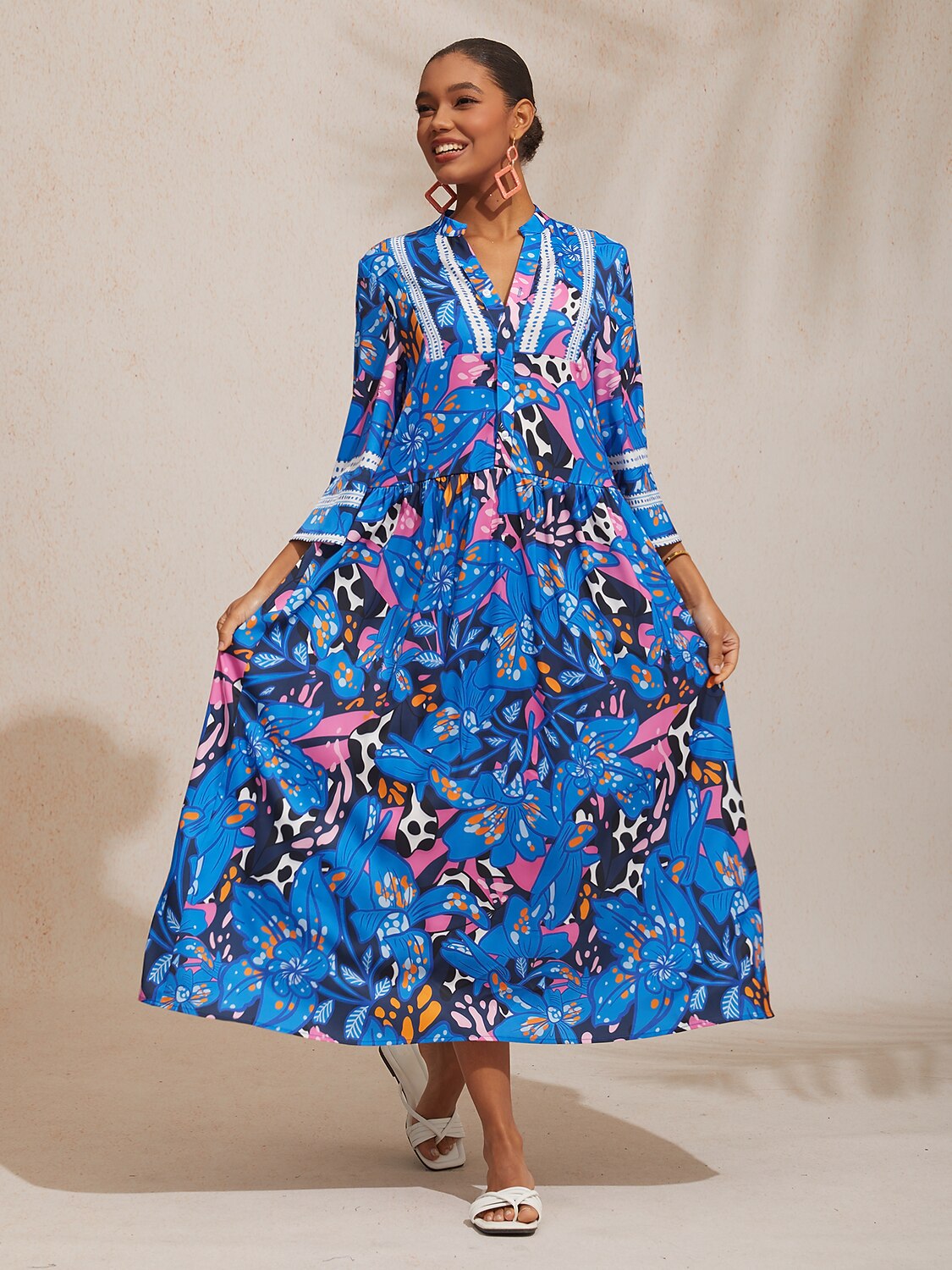 Abstract Azure Silky Satin Dot Maxi Dress