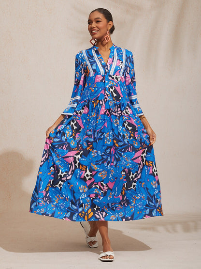 Abstract Azure Silky Satin Dot Maxi Dress