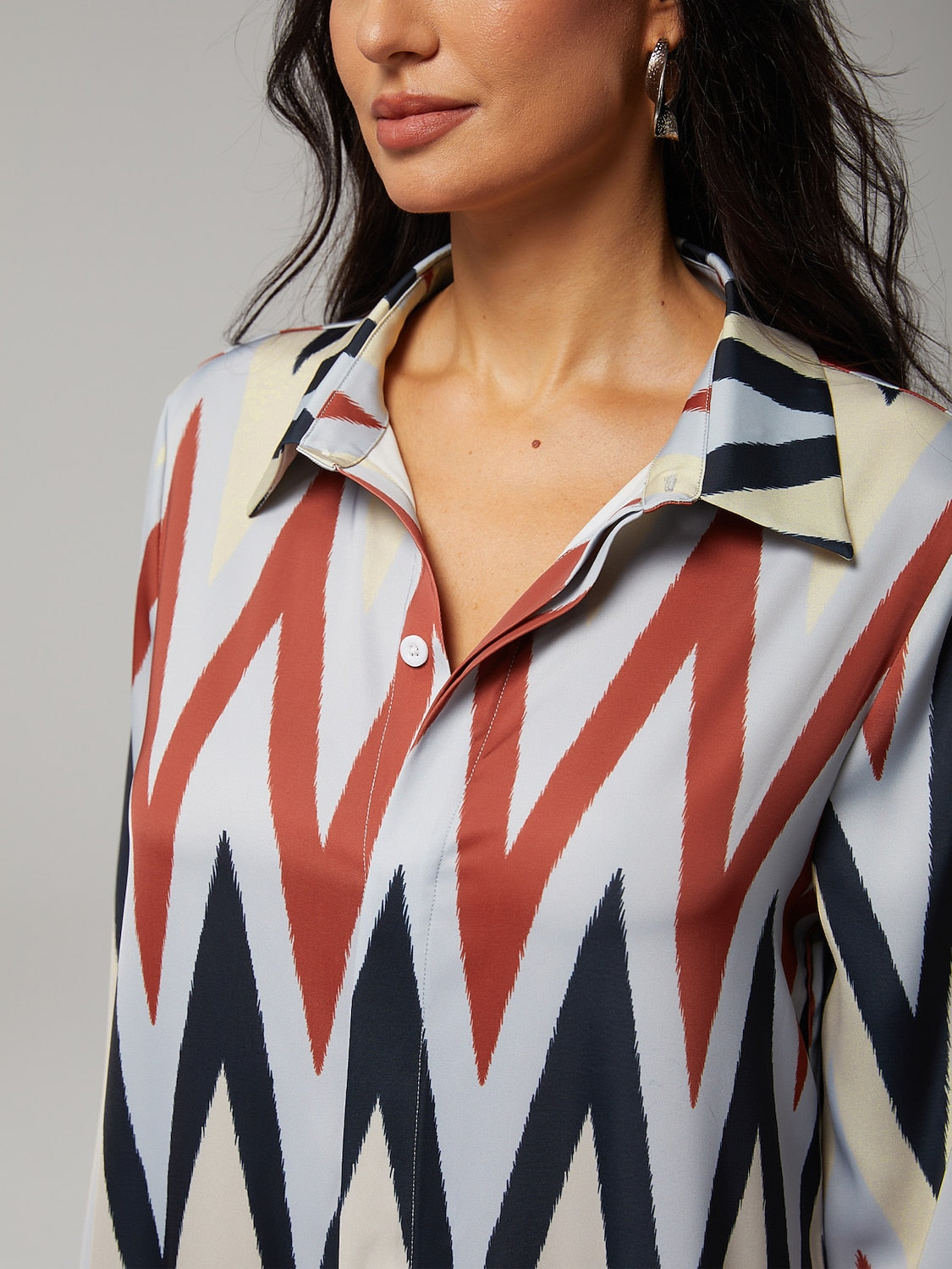 Satin Geometric Print Maxi Shirt Dress