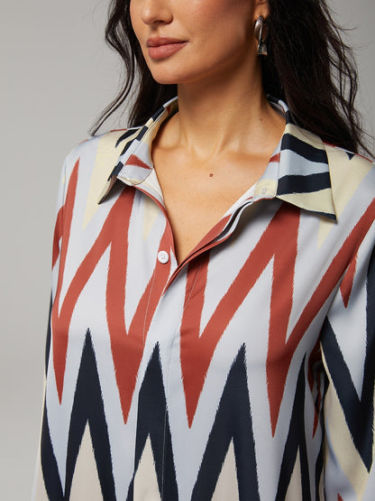Satin Geometric Print Maxi Shirt Dress