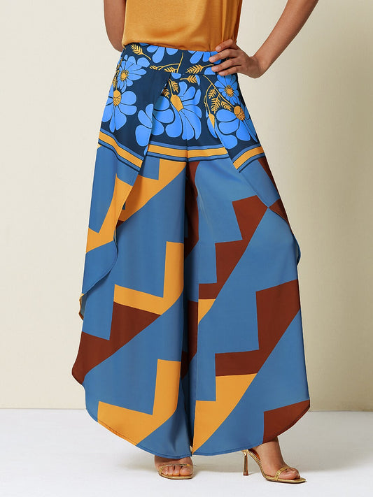Satin Geometric Print Swing Full Length Micro-Elastic Pants