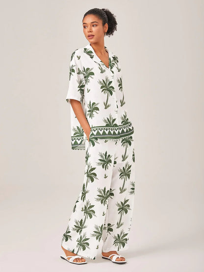 Vacation Palm Tree Print Loose Two-Piece Set