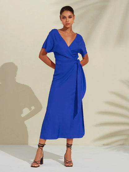Tencel Linen Shirred Wrap Midi Dress