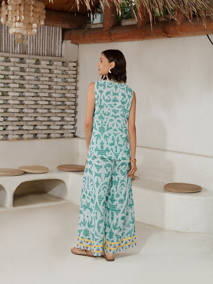 Casual Folk Print Linen Like Wide Leg Pants