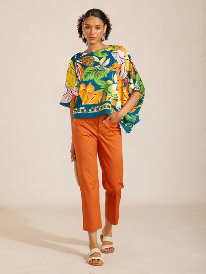 Boho-Paisley-Oberteil aus seidigem Satin mit Dolman-Ärmeln