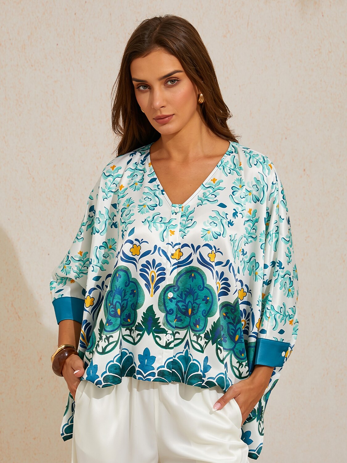 Jade Palace Garden Silky Satin Batwing Top