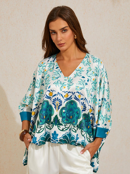 Jade Palace Garden Silky Satin Batwing Top