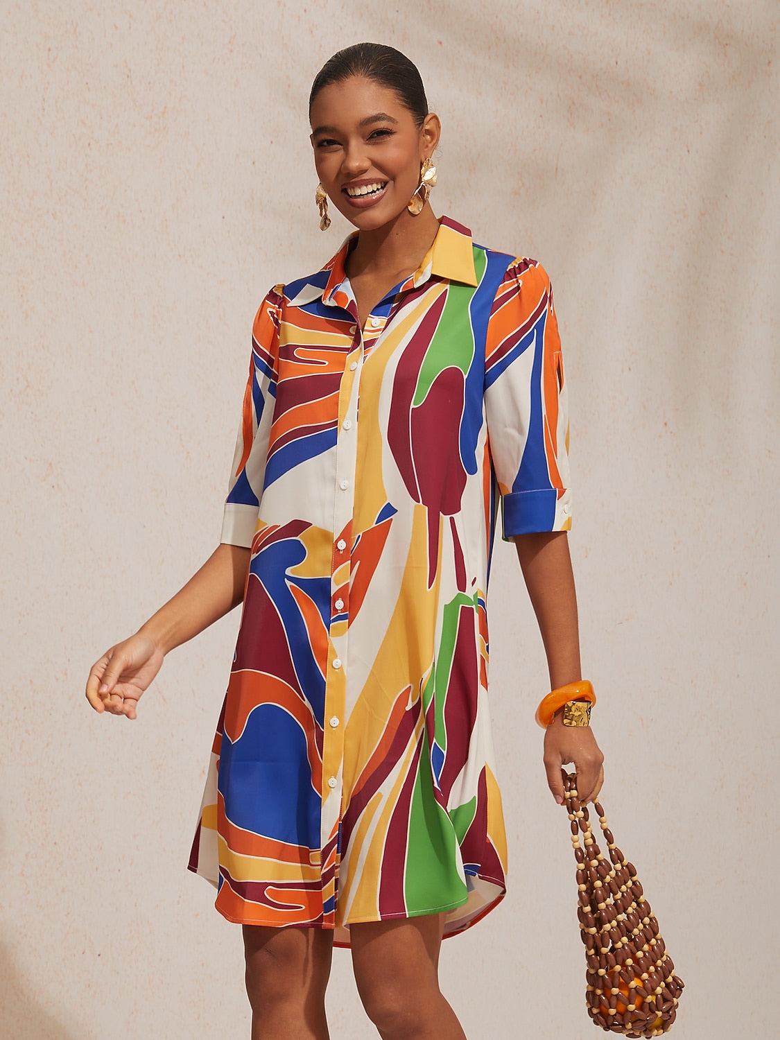 Mallorca Blossom Silky Satin Straight Shirt Dress
