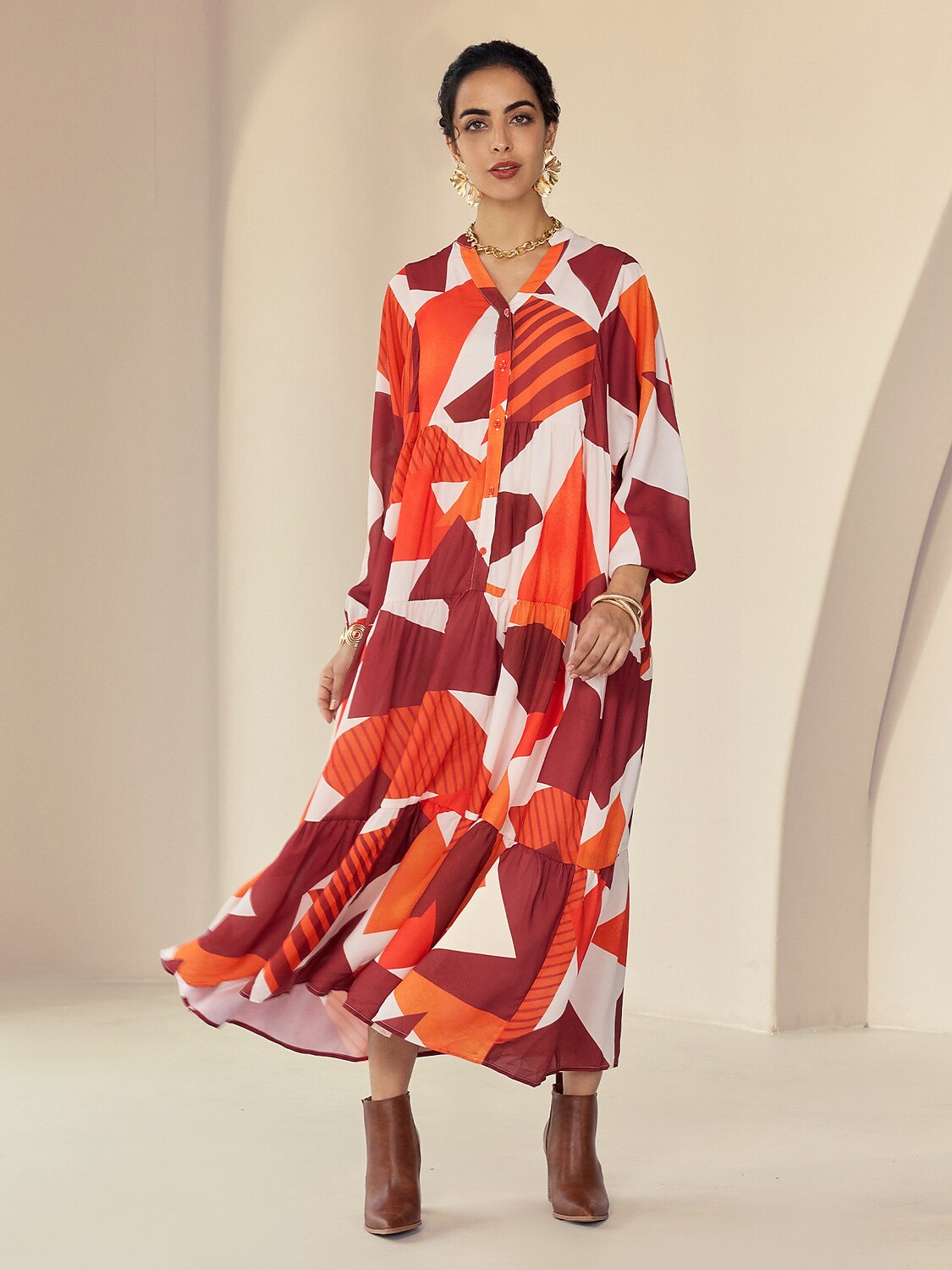 Chiffon Geometric Pattern V-Neck Casual Daily Maxi Dress