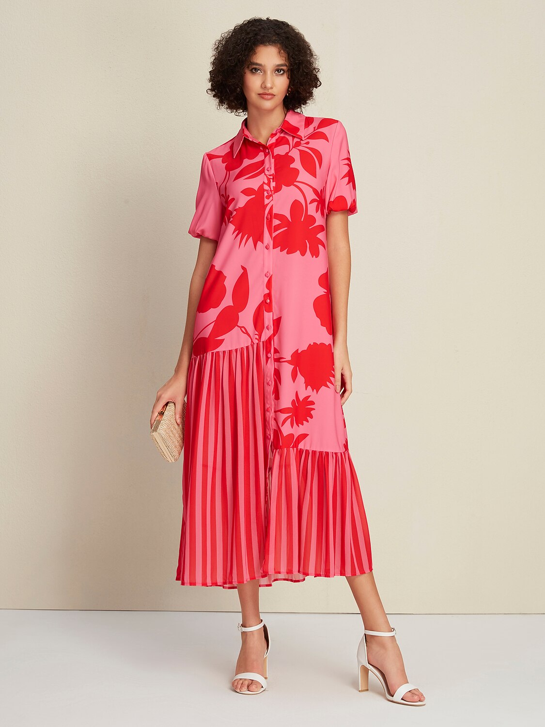 Chiffon&Satin Rose Red Floral Stripe Asymetric Hem Short Sleeve Maxi Dress
