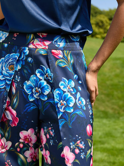 Sapphire Rose Garden Silky Satin Slit Wide Leg Pants
