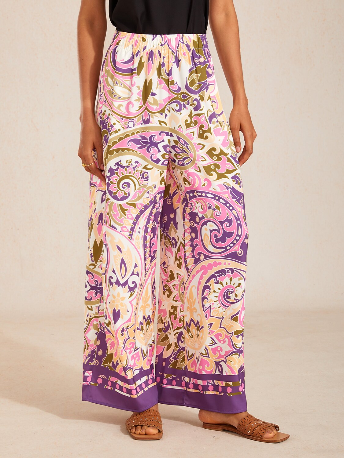 Lavender Paisley Flora Silky Satin Wide Leg Pants