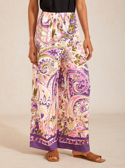 Lavender Paisley Flora Silky Satin Wide Leg Pants