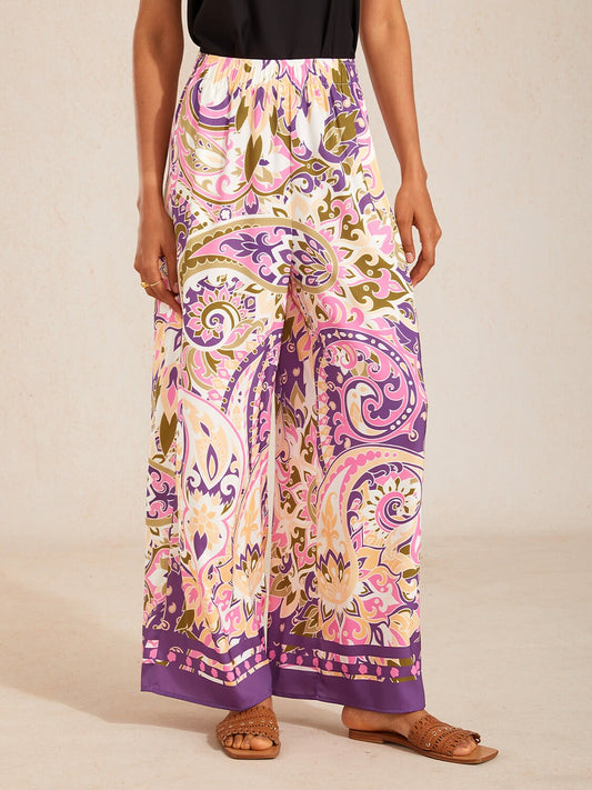 Lavender Paisley Flora Silky Satin Wide Leg Pants