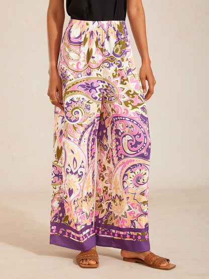 Wild Hibiscus Dream Silky Satin Wide Leg Pants