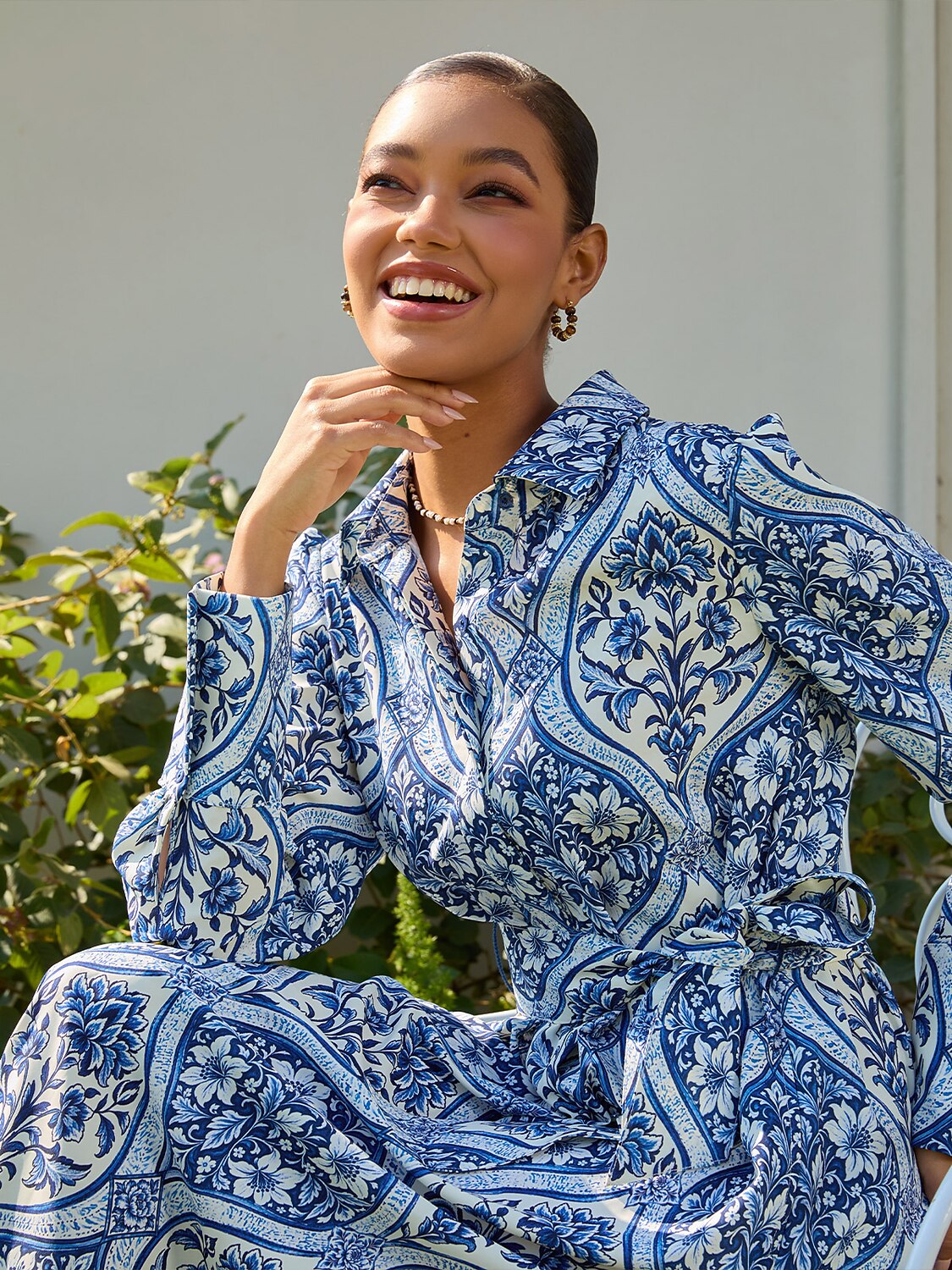 Azure Medallion Silky Satin Midi Dress