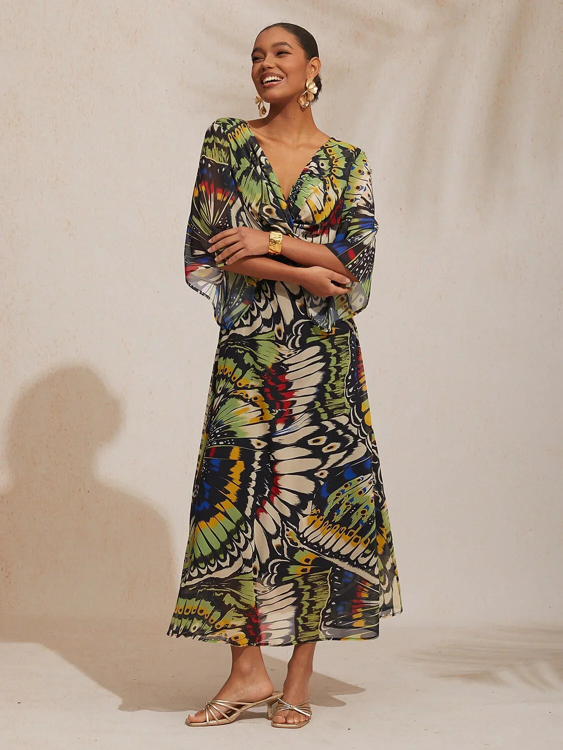 Jungle Butterfly Flowy Chiffon Maxi Dress