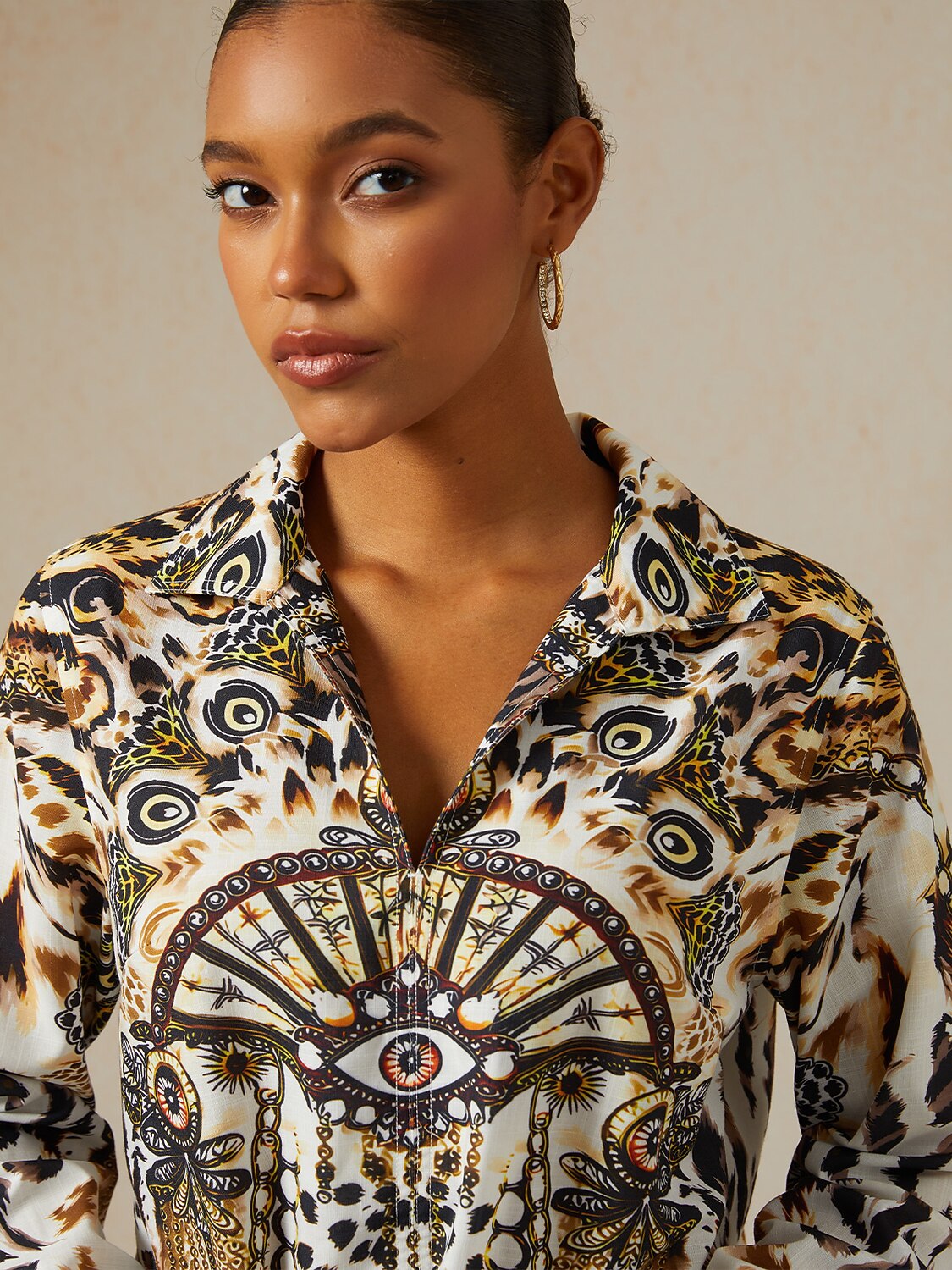 Vintage Leopard Jewelry Linen Look Blouse