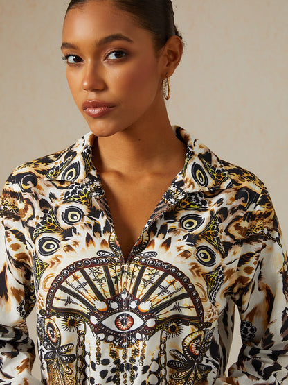 Vintage Leopard Jewelry Linen Look Blouse