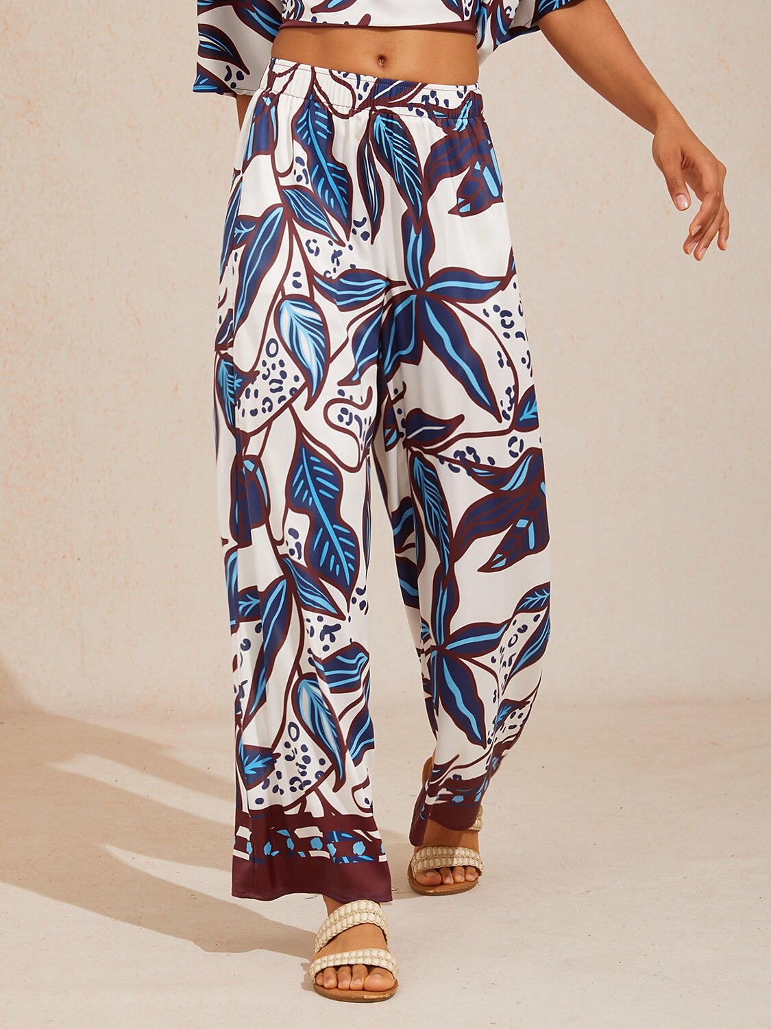 Abstract Azure Silky Satin Wide Leg Pants