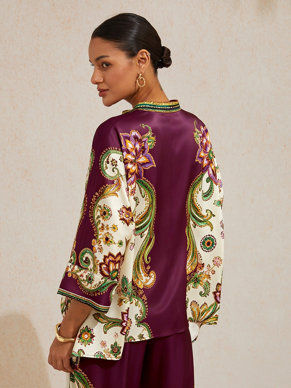 Burgundy Paisley Silky Satin Batwing Top