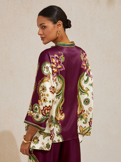 Burgundy Paisley Silky Satin Batwing Top