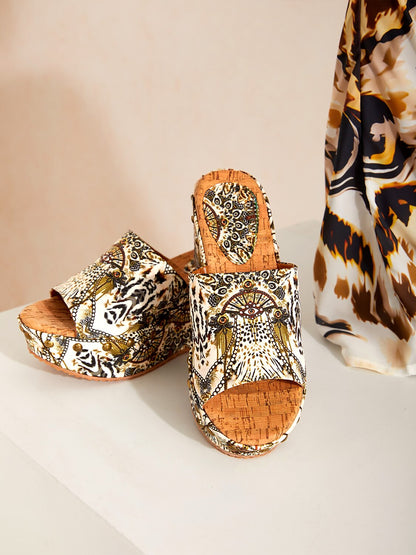 Vintage Leopard Jewelry Canvas High Heel Mules