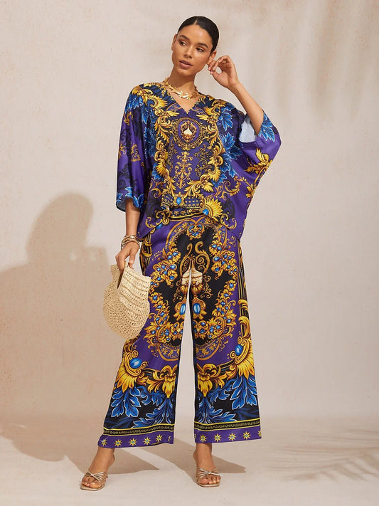 Midnight Blue Baroque Silky Satin Dolman Sleeve Top