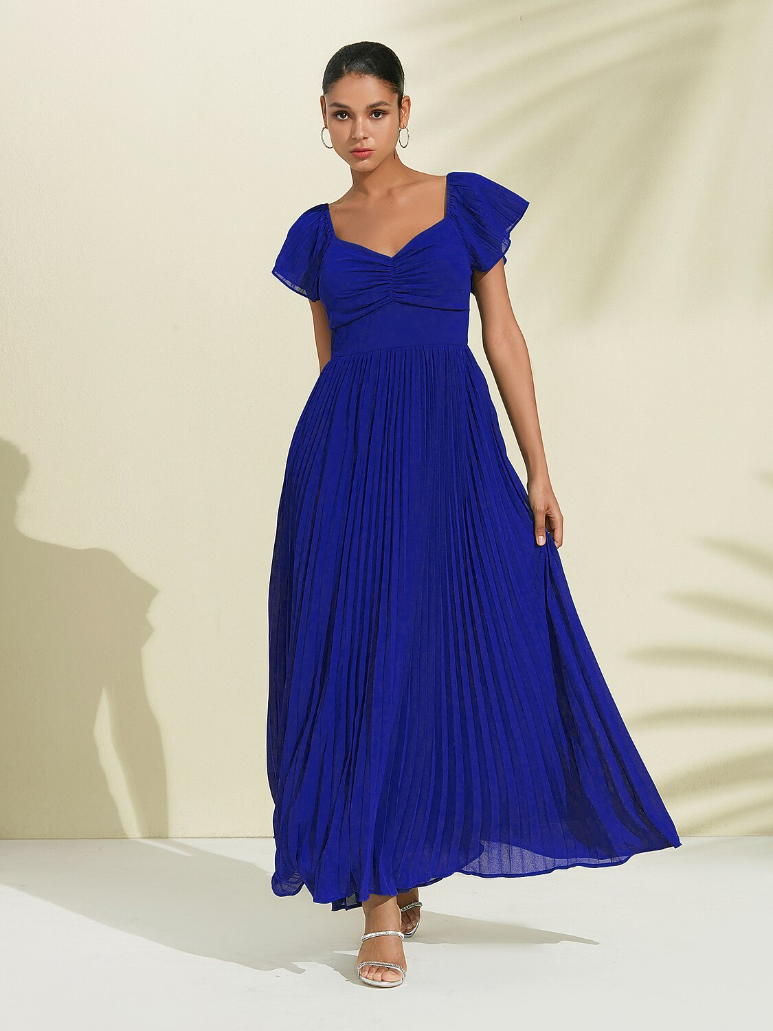 Royal Blue Chiffon Pleated Wedding Guest Party Dress
