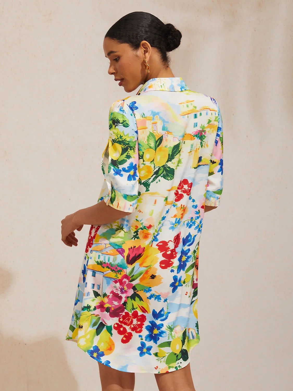 Mallorca Blossom Silky Satin Straight Shirt Dress