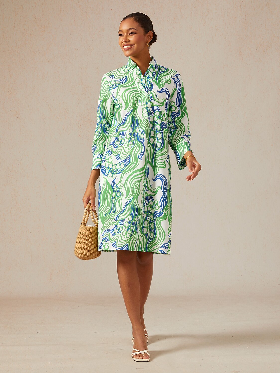 Abstract Bell Flower Linen Look Midi Dress