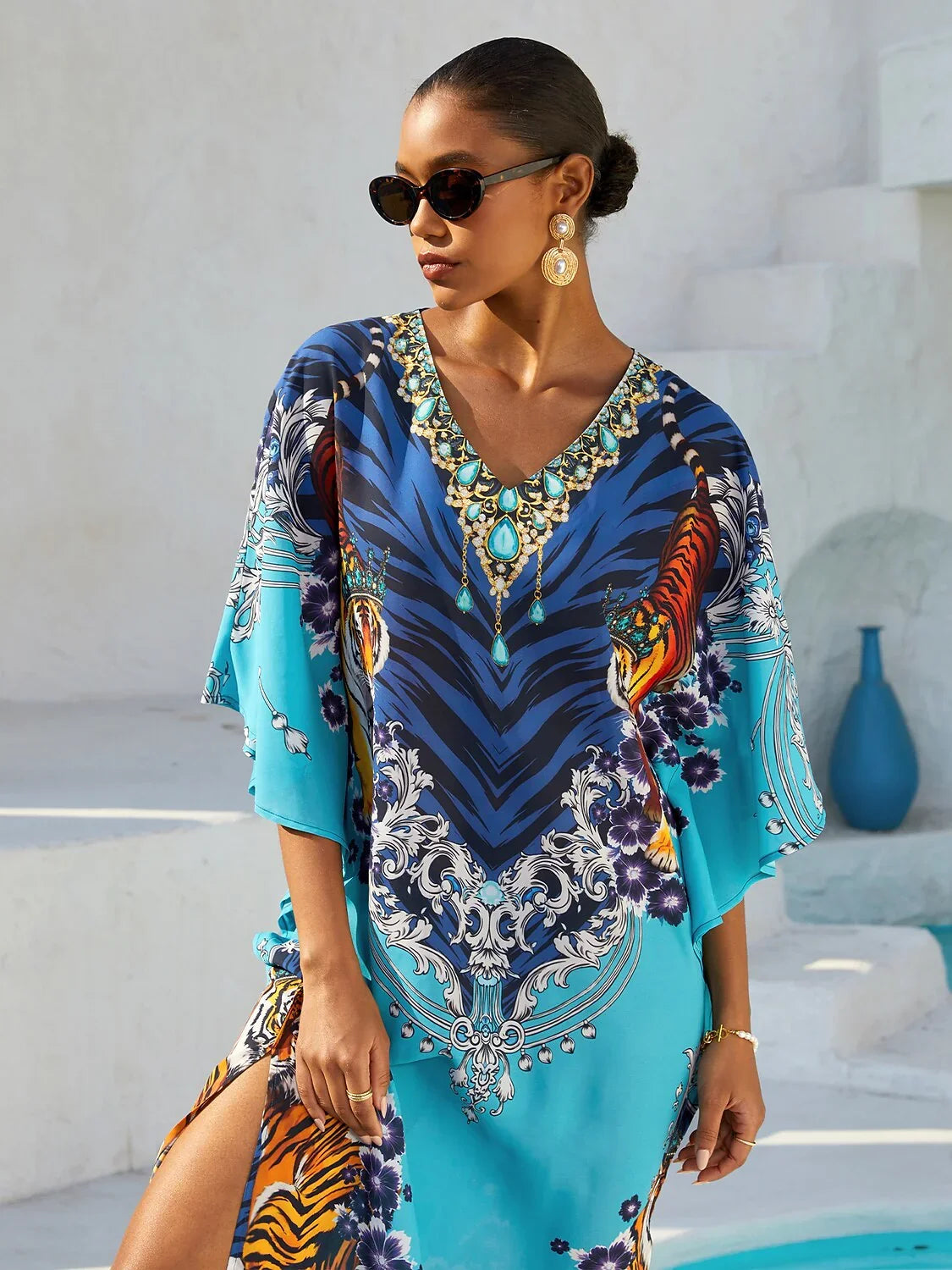 Indigo Tigress Flowy Chiffon Maxi Dress