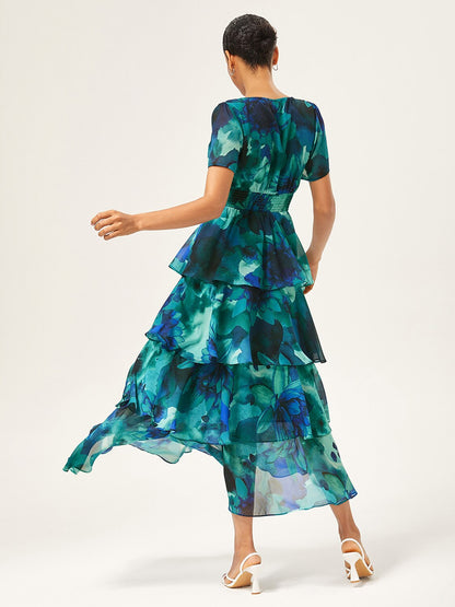 Floral Bloom Flowy Chiffon Tiered Maxi Dress