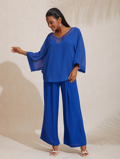 Chiffon Casual Magyar Sleeve Deep V Blouse