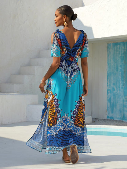 Indigo Tigress Flowy Chiffon Vacation  Maxi Dress